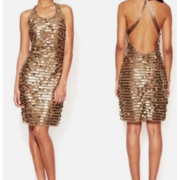 New BCBG Sequin Gold NYE Bronze Iman Mini Dress Small Coin Criss Cross Back NWT - Picture 14 of 14